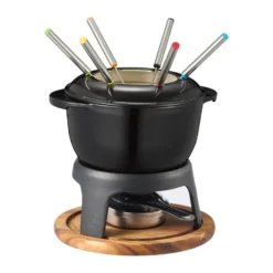 Foni Fondue gjutjärn emaljerad 21*18,4*9,8 cm, Svart-akacia träplatta