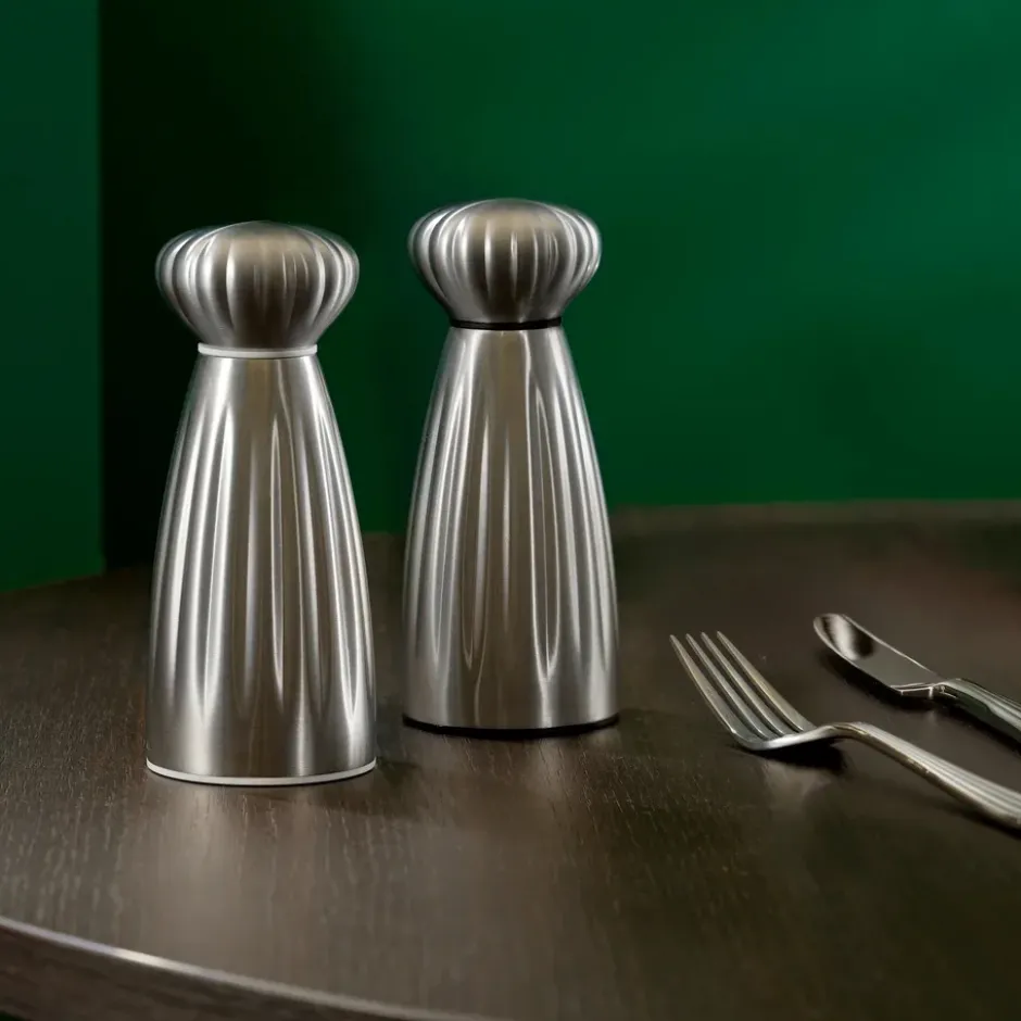 Palm Satin salt- och pepparkvarnsset, Small-rostfritt stål, med bricka